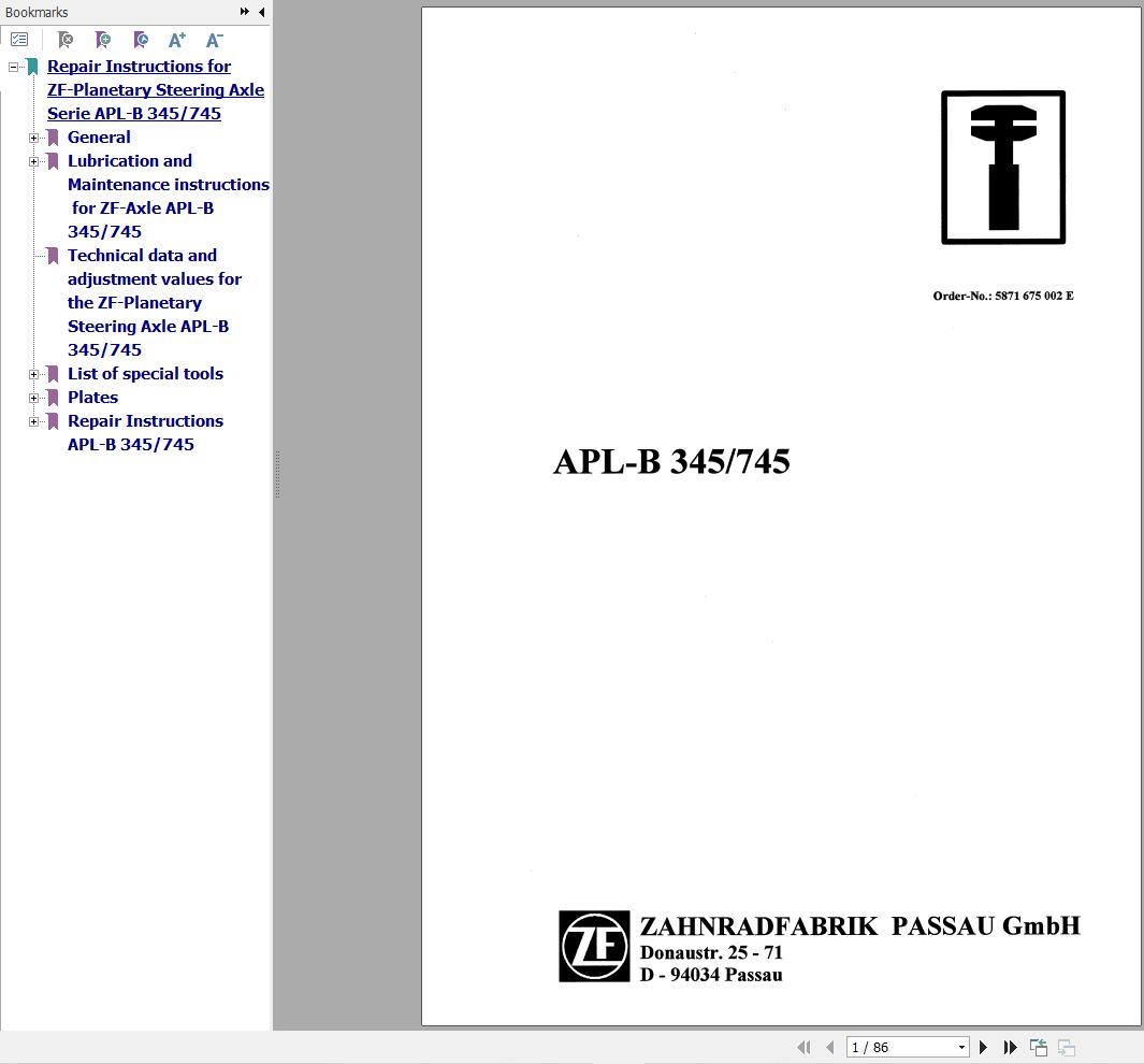ZF Steering Axle APL B345 APL B7745 Instructions And Repair Manual 5871675002E 1