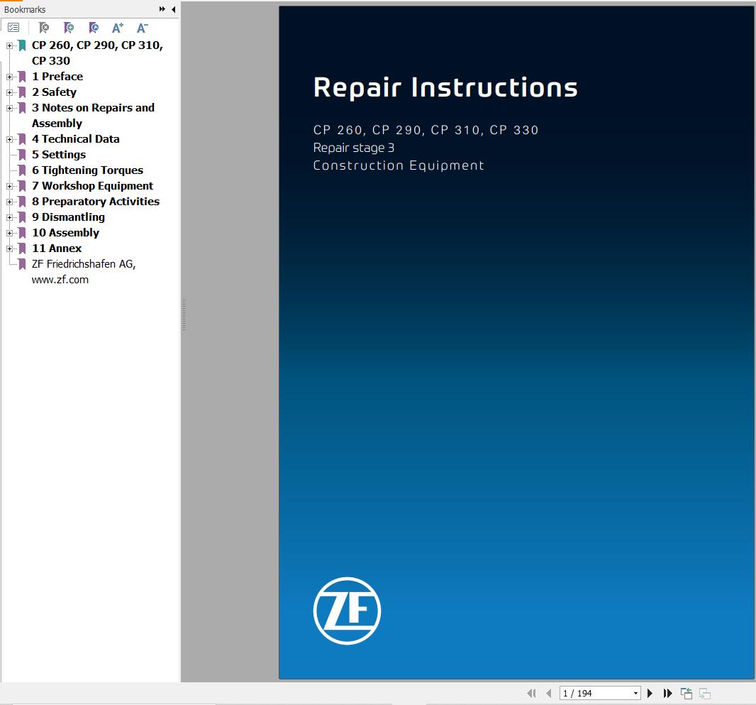 ZF Transmission CP260 CP290 CP310 CP330 Stage 3 Operating Instructions Manual 1