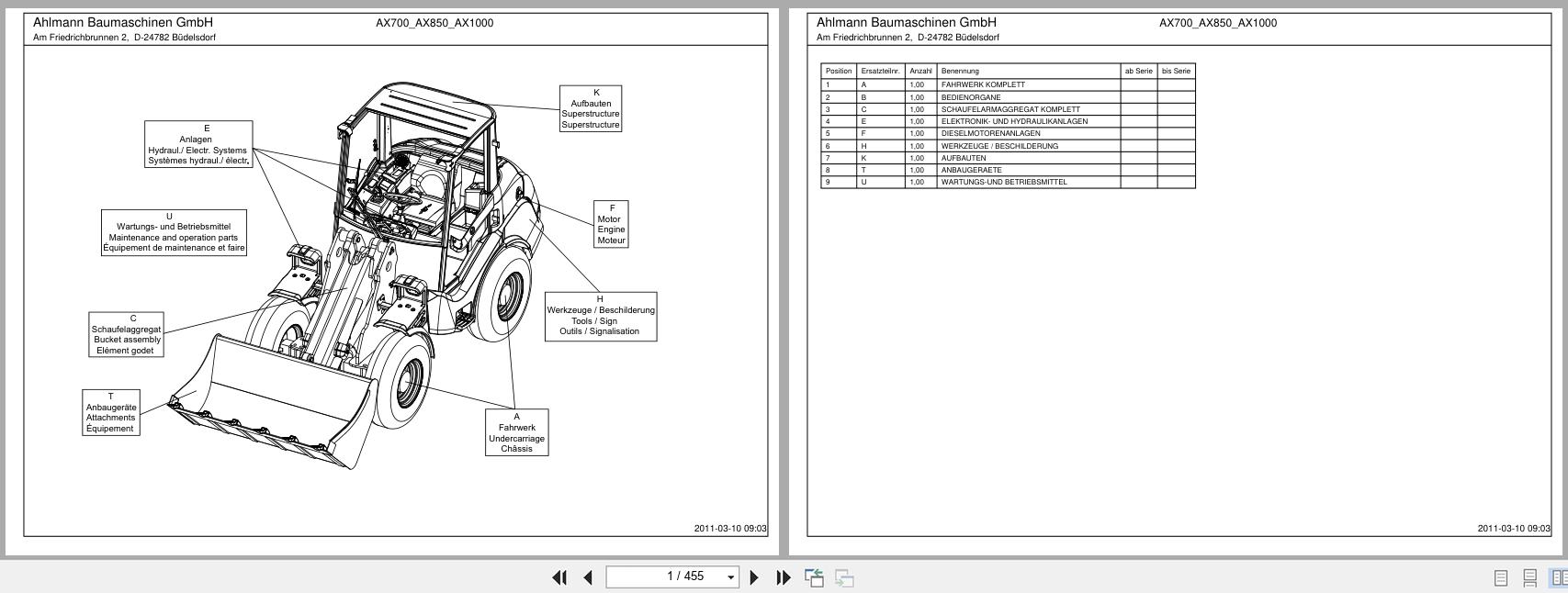 Ahlmann Loader AX700 AX850 AX1000 Parts Catalog 1