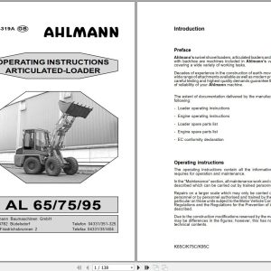 Ahlmann Wheel Loader AL65 AL75 AL95 Operators Manual and Schematis 1004319A 1