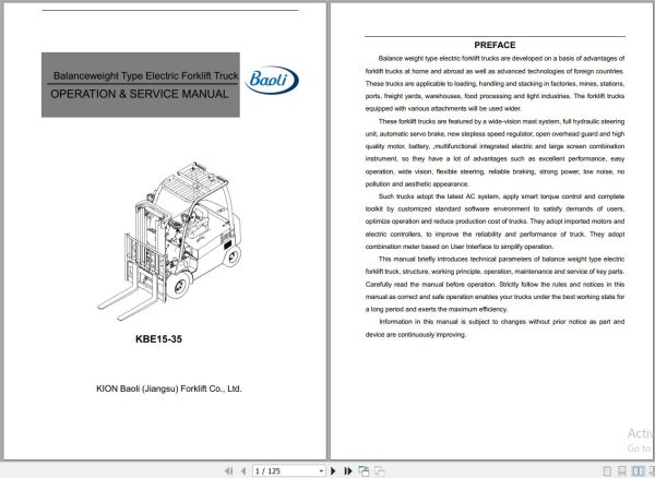 Baoli Forklift KBE15 35 Operators and Service Manual 1