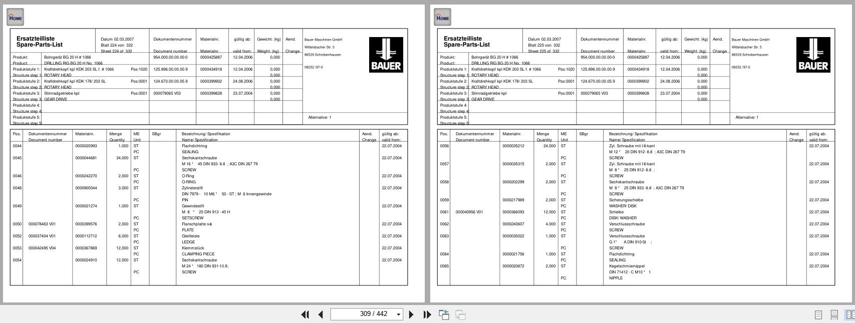 Bauer Drilling Rig BG20H Parts Catalog 417782583