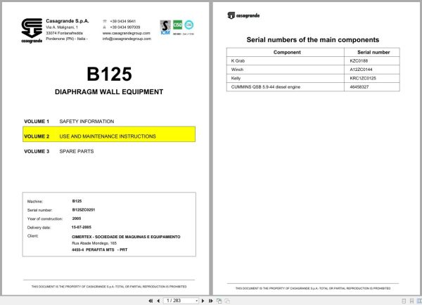 Casagrande Diaphragm Wall Equipment B125 User Manual 1