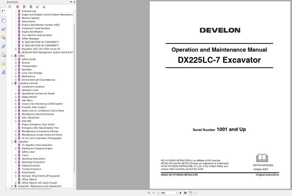 Develon Excavator DX225LC 7 Operation And Maintenance Manual 950106 02500DEN 2023 1