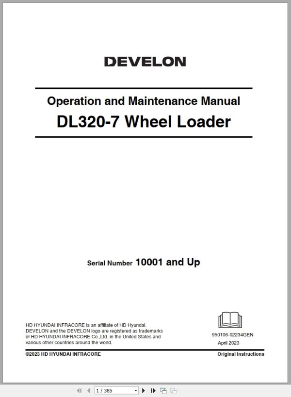 Develon Wheel Loader DL320 7 Operation And Maintenance Manual 950106 02234GEN 2023 1