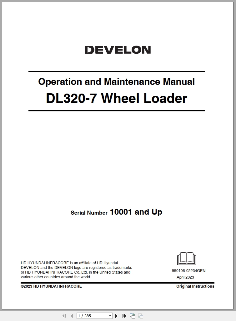 Develon Wheel Loader DL320 7 Operation And Maintenance Manual 950106 02234GEN 2023 1