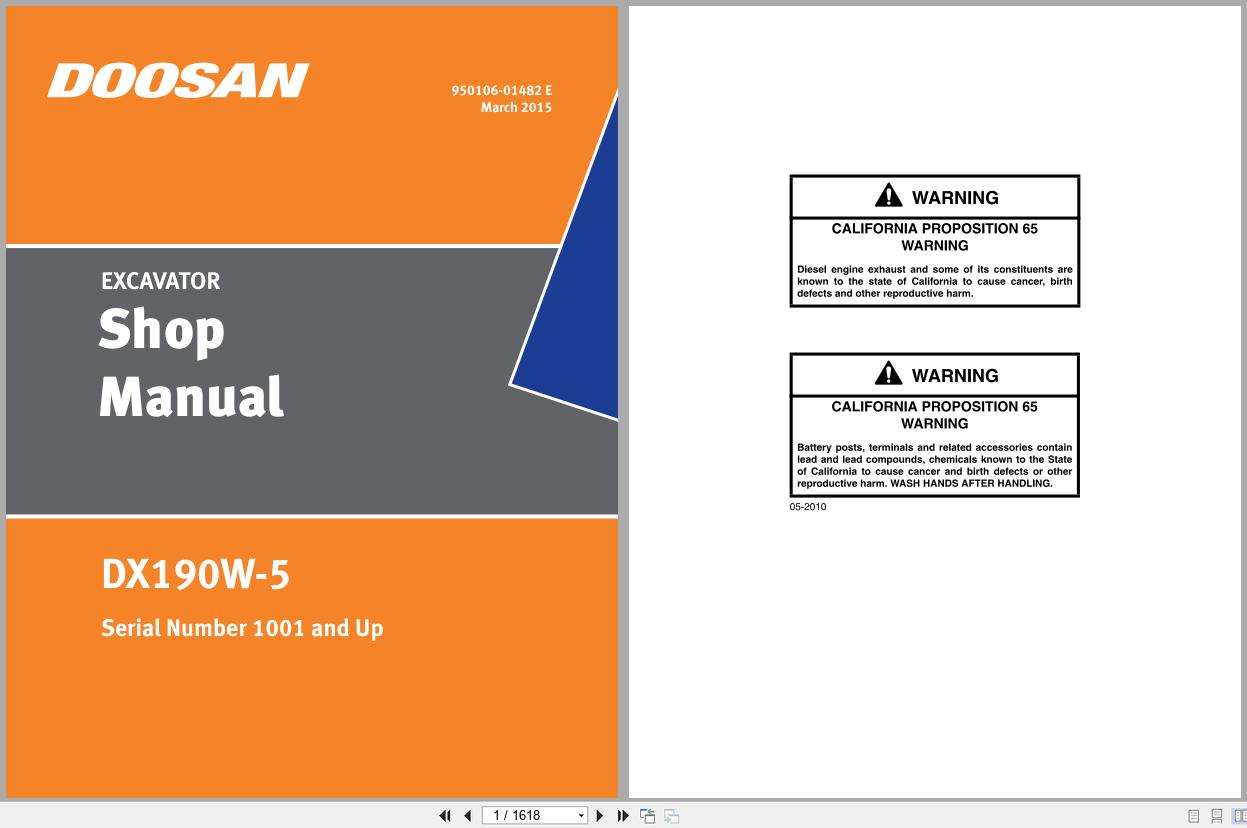 Doosan Excavator DX190W 5 Shop Manual 950106 01482E 1