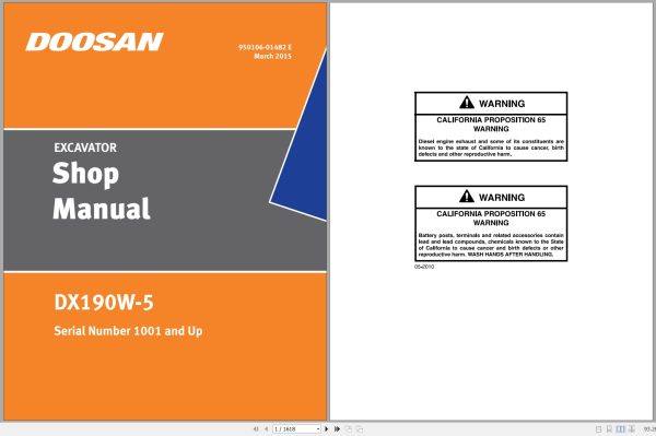 Doosan Excavator DX190W 5 Shop Manual 950106 01482E 2015 1