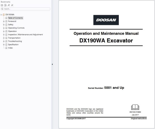 Doosan Excavator DX190WA Operation and Maintenance Manual 950106 01586E 2017 1