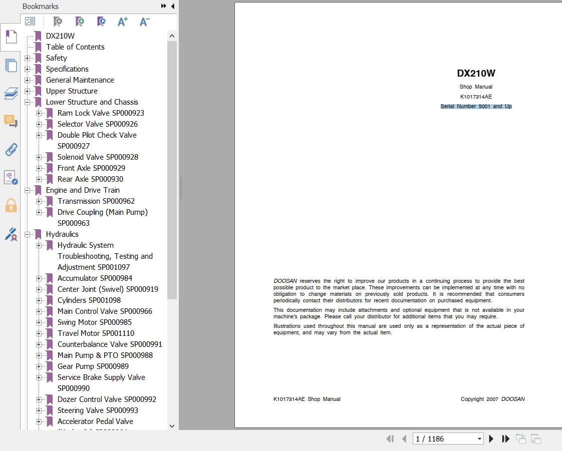 Doosan Excavator DX210W Shop Manual K1017314AE 1