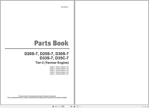 Doosan Forklift D20S 7 D25S 7 D30S 7 D33S 7 D35C 7 Parts Book 1