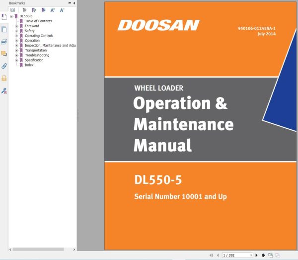 Doosan Wheel Loader DL550 5 Operation and Maintenance Manual 950106 01245NA 1 2014 1