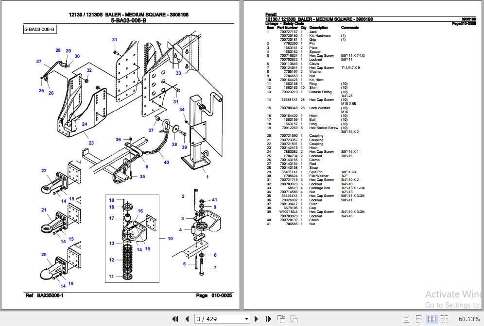 Fendt Baler Medium Square 12130 12130S Parts Catalog 3906198 01.2011 2