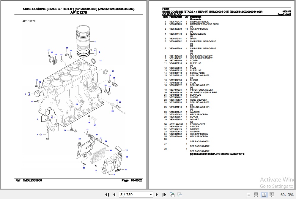 Fendt Combine 5185E Parts Catalog 3906379 03.2019 2