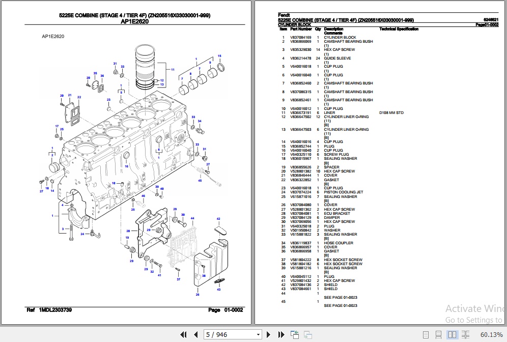 Fendt Combine 5225E Parts Catalog 6246521 01.2020 2