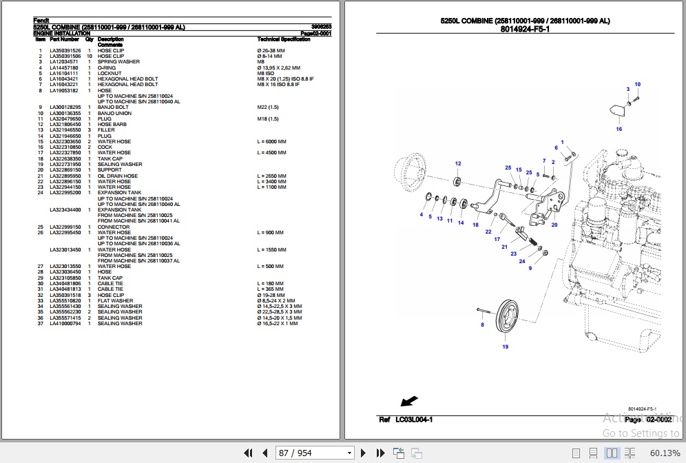 Fendt Combine 5250L Parts Catalog 3906253 07.2019 2