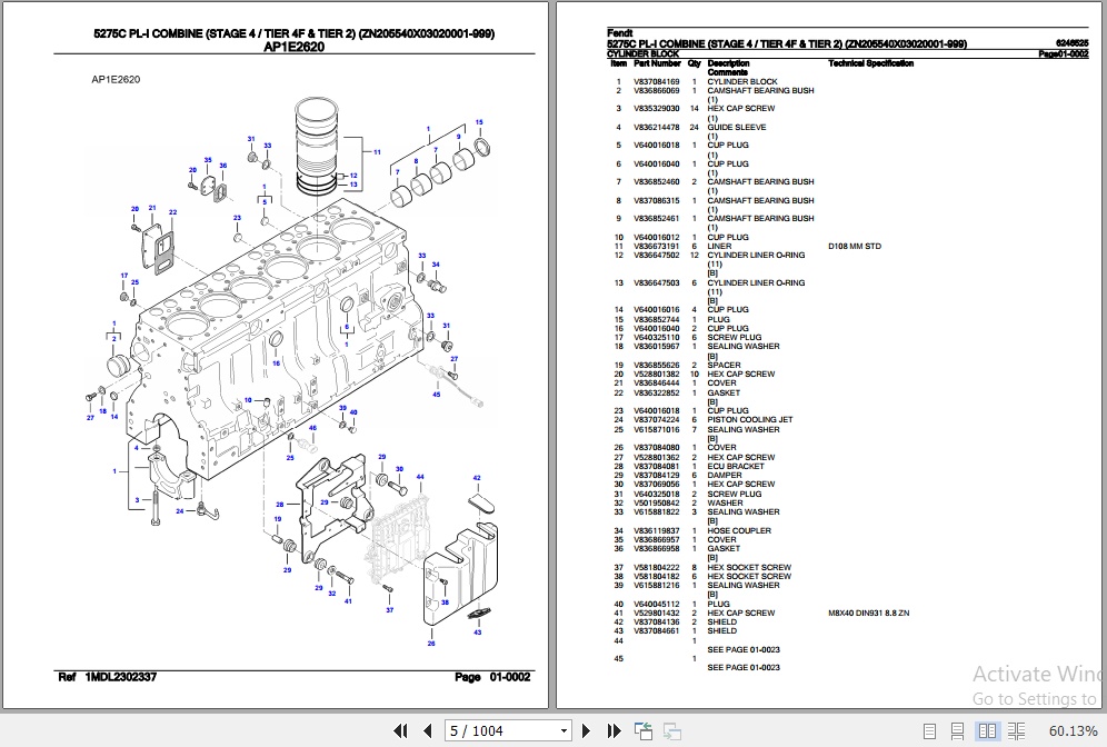 Fendt Combine 5275C PL I Parts Catalog 6246525 07.2020 2
