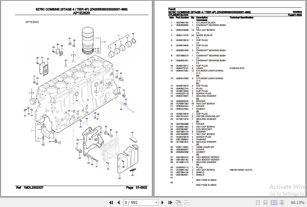 Fendt Combine 5275C Parts Catalog 6246524 06.2020 2