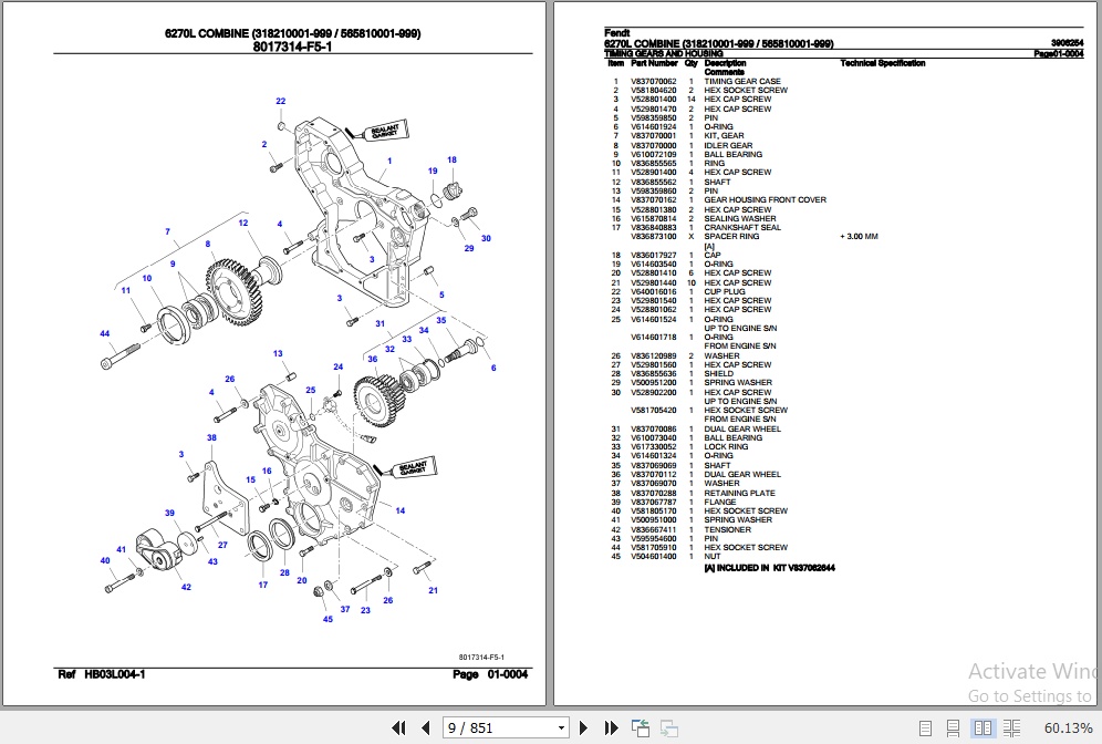 Fendt Combine 6270L Parts Catalog 3906254 07.2019 2