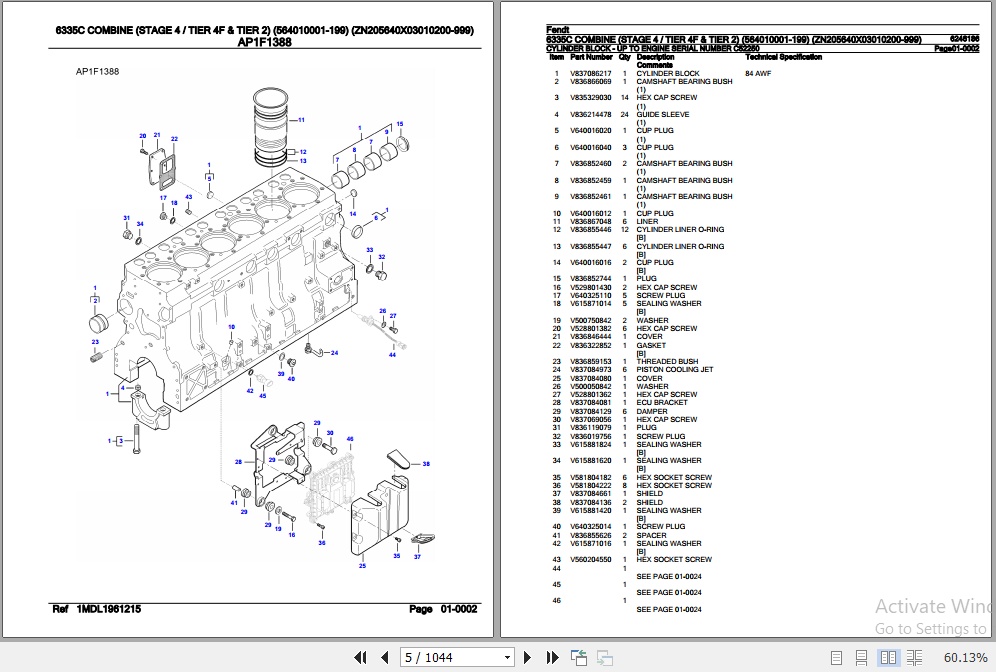 Fendt Combine 6335C Parts Catalog 6246186 08.2020 2
