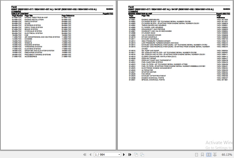 Fendt Combine 8380P 8410P Parts Catalog 6246234 07.2020 1