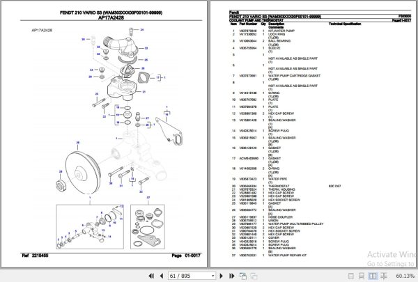 Fendt Tractor 210 Vario S3 Parts Catalog F303000 06.2020 3