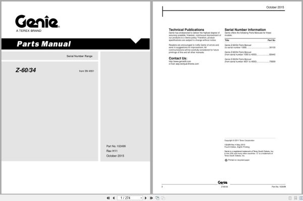 Genie Boom Lift Z 60 Z 34 Parts Manual 102499 1