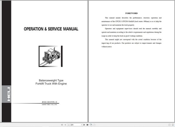 Heli Forklift CPCD150 Wx 06II to CPCD150 CU 06III Operation and Service Manual 1