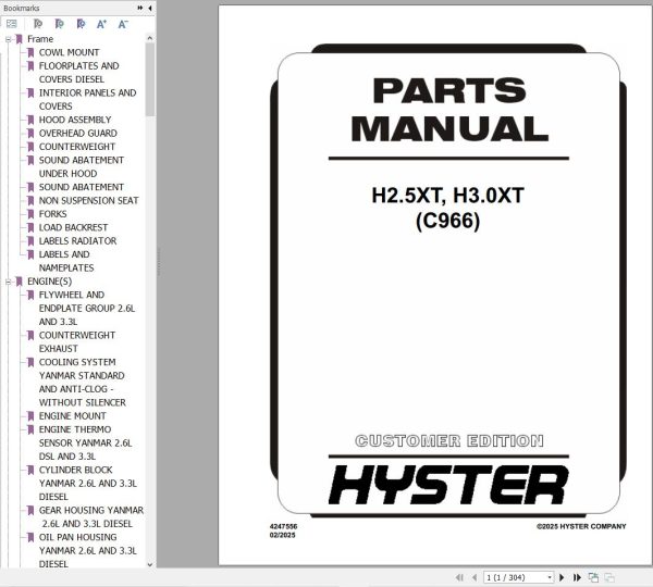 Hyster Forklift H2.50XT H3.0XT C966 Parts Service Manual 2025 1