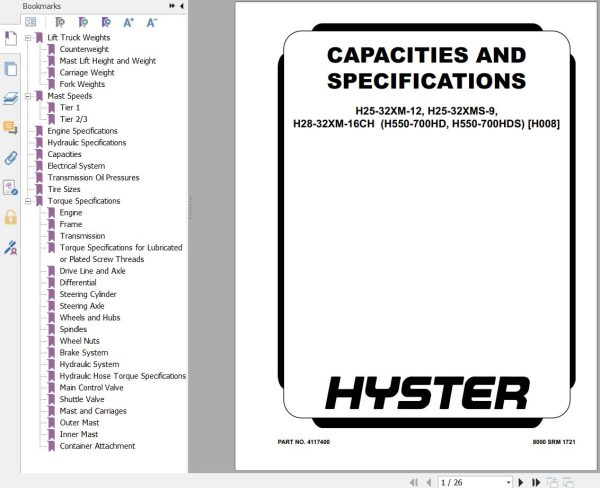 Hyster Forklift H25 32XM 12 H25 32XMS 9 H28 32XM 16CH H008 Parts Service Manual 2025 1