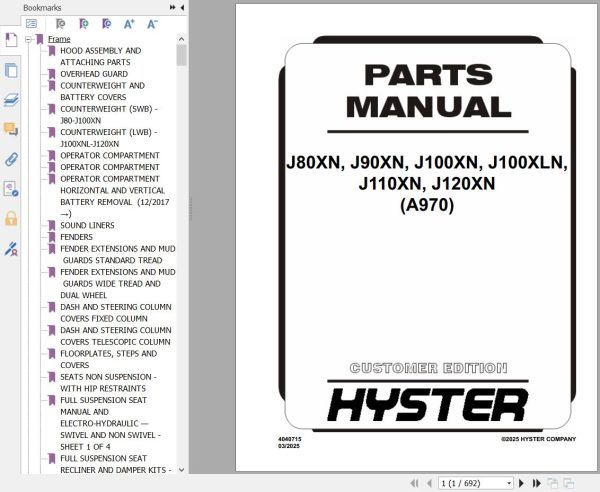 Hyster Forklift J80 120XN J100XNL A970 Parts Service Manual 2025 1