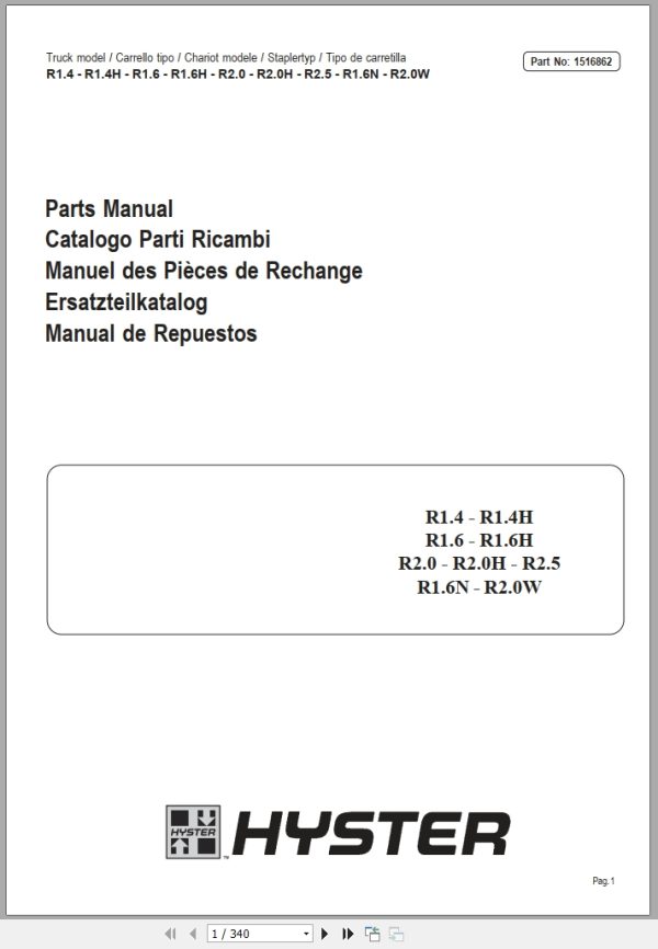 Hyster Forklift R1.4 To R2.0W Part Manual 1516862 1