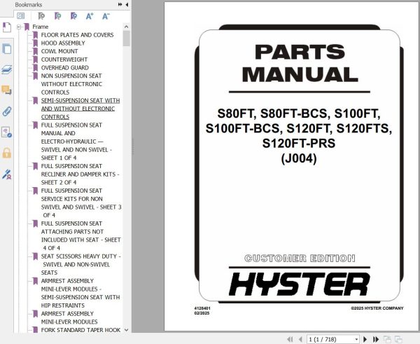 Hyster Forklift S80FT to S120FT PRS J004 Parts Service Manual 2025 1