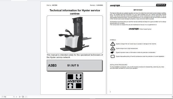 Hyster Pallet Stacker S1.5UT S Service Manual 4267866 1