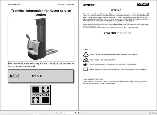 Hyster Pallet Stacker S1.5UT Service Manual 4267895 1