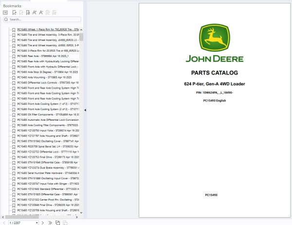 John Deere 624 P TIER Loaders Parts Catalog PC15493 1