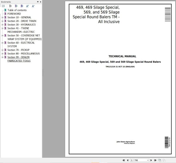John Deere Silage Special Round Balers 469 469 569 569 Technical Manual TM121219 1