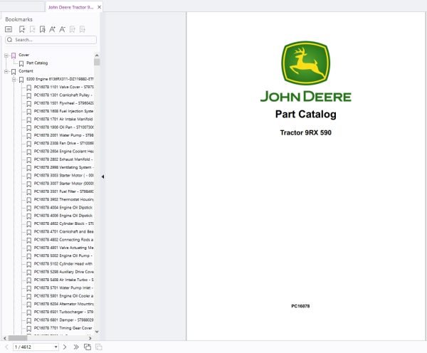 John Deere Tractor 9RX 590 2025 Part Catalog PC16078 1