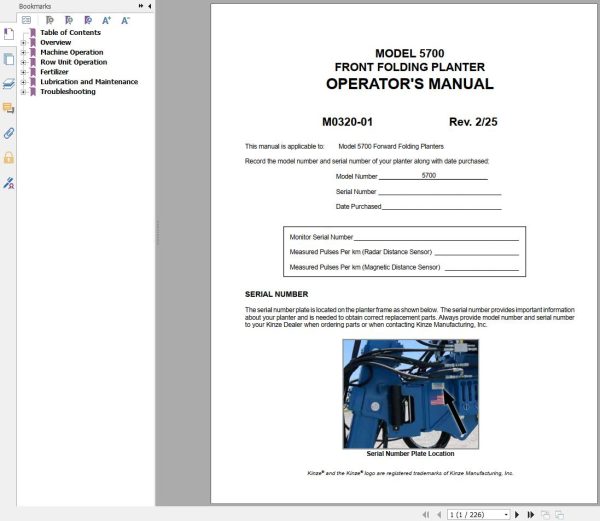 Kinze Agriculture 2025 Operators Parts Manual PDF 1 3