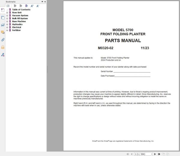 Kinze Agriculture 2025 Operators Parts Manual PDF 1 5