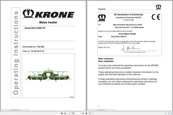 Krone Maize Header EasyCollect 6000 FP Operation Manual 1