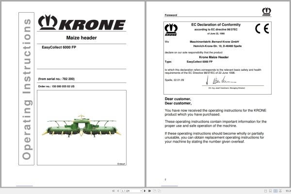 Krone Maize Header EasyCollect 6000FP Operating Instructions 15000005502US 1