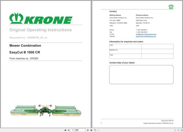 Krone Mower EasyCut B 1000 CR Operation Manual 1
