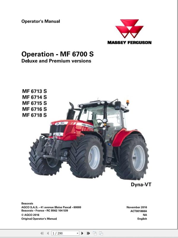 Massey Ferguson 6713S 6714S 6715S 6716S 6718S Dyna VT Operation Manual 1