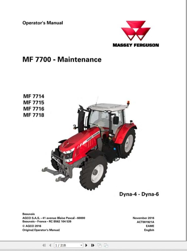 Massey Ferguson 7714 7715 7716 7718 Dyna 4 6 Operation Manual ACT001921A 1