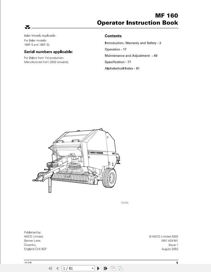 Massey Ferguson Baler 160FS 160FSL Operator Manual 1