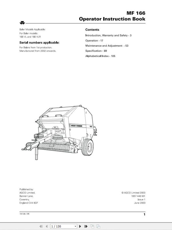 Massey Ferguson Baler 166VL 166VLR Operator Manual 1857446M1 1