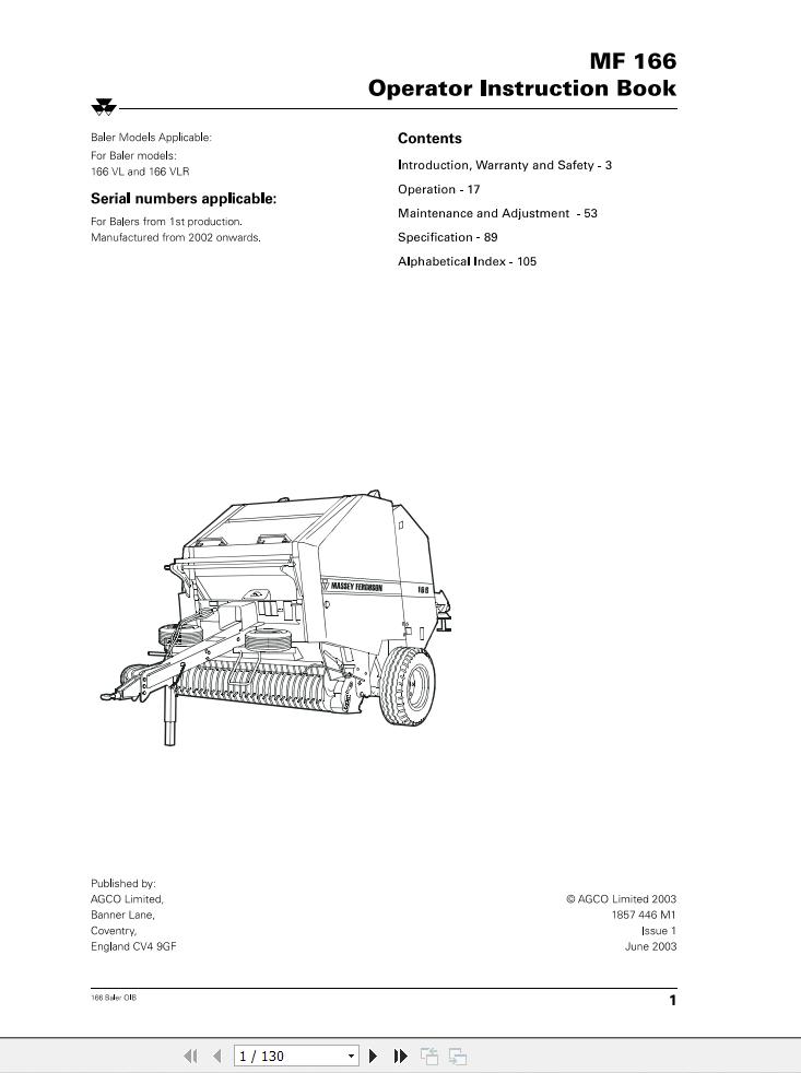 Massey Ferguson Baler 166VL 166VLR Operator Manual 1857446M1 1