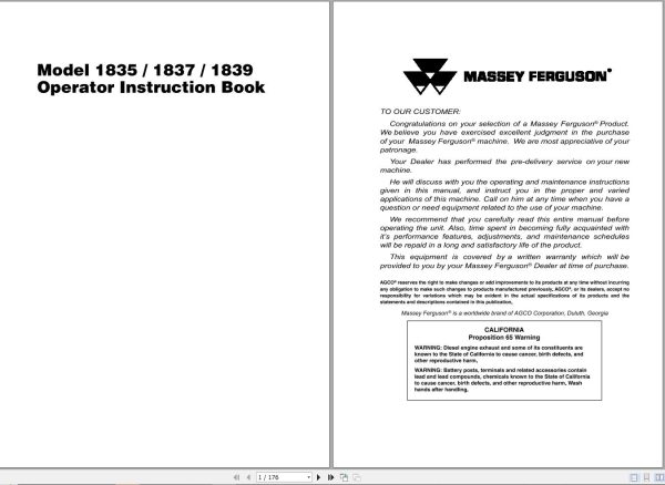 Massey Ferguson Baler 1835 1837 1839 Operator Manual 700735840F 1