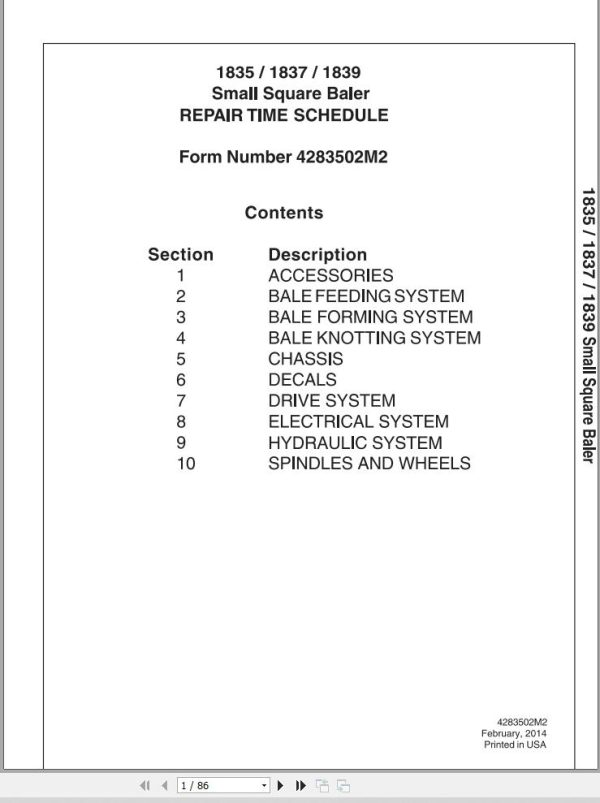 Massey Ferguson Baler 1835 1837 1839 Repair Time Schedule 4283502M2 1